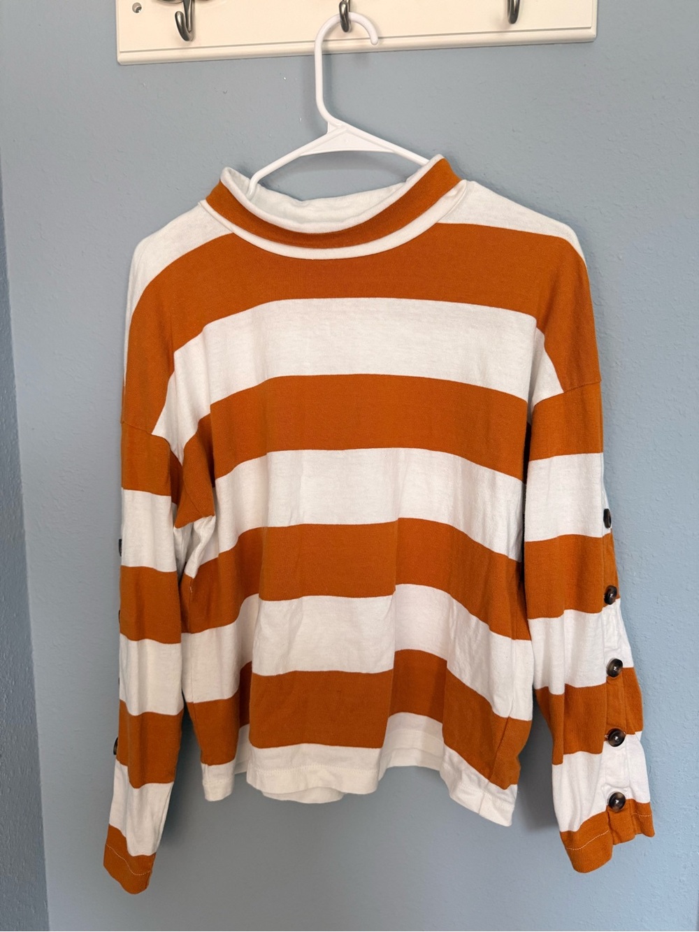Madewell Striped Button Sleeve Turtleneck Top Mustard Yellow/Gold & White Small